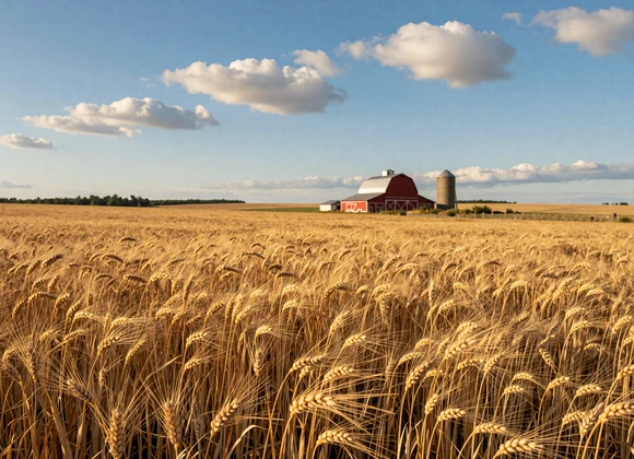 Golden ripe wheat field with red barn and grain silos under blue Kansas sky - farm dating Kansas