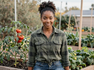 Jasmine, a 30-year-old Black organic farmer smiling in her vegetable garden