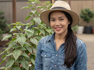 Linh, a 29-year-old Vietnamese-American herb farmer smiling in her garden