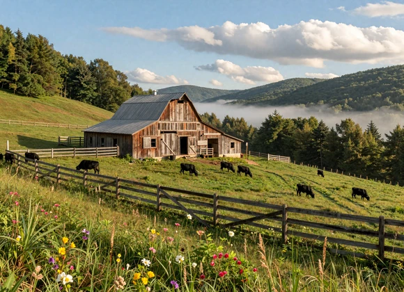 Small West Virginia mountain farm with cattle grazing on steep green hillside and misty valley below - rural dating West Virginia