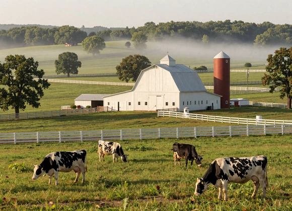 Ohio dairy farm with white barn and Holstein cows grazing on rolling green pastures - farm dating Ohio
