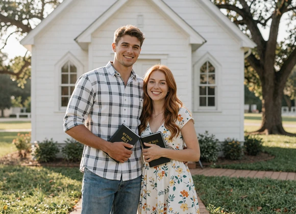 Christian farm couple standing together outside a country church after Sunday service - faith-based rural dating
