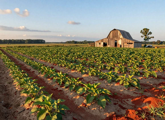 North Carolina sweet potato field with sandy soil and weathered barn in morning light - rural dating NC