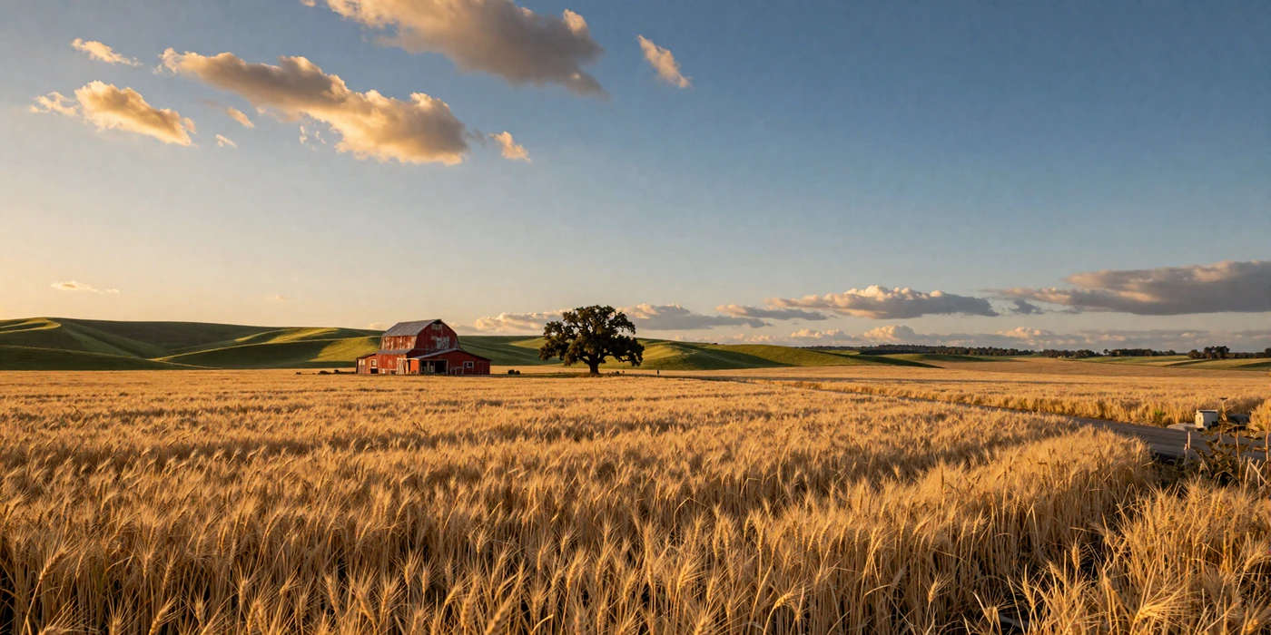 Golden wheat field at sunset with a red barn in the American heartland - farmer dating site