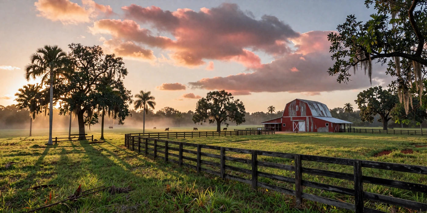 Florida cattle ranch at sunrise with palm trees and green pastures stretching to the horizon - florida farmers dating