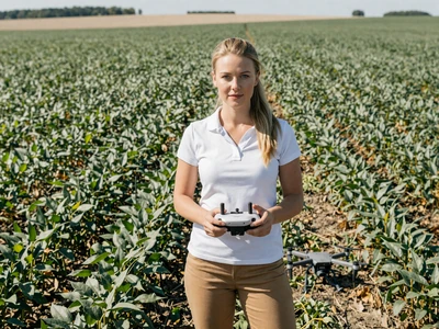 Megan, a 29-year-old precision agriculture specialist with a drone in a soybean field