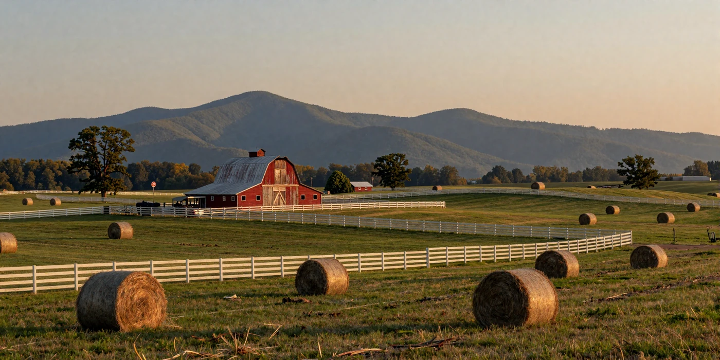 Rolling Tennessee farmland with white fences and Great Smoky Mountains at golden hour - tennessee farmers dating