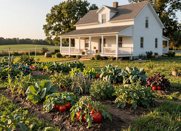 Well-kept farmstead vegetable garden with rows of herbs at golden hour - values of Muslim farm families