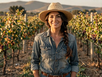 Elena, 30-year-old California vineyard manager smiling among Sonoma grapevines - california farmers dating