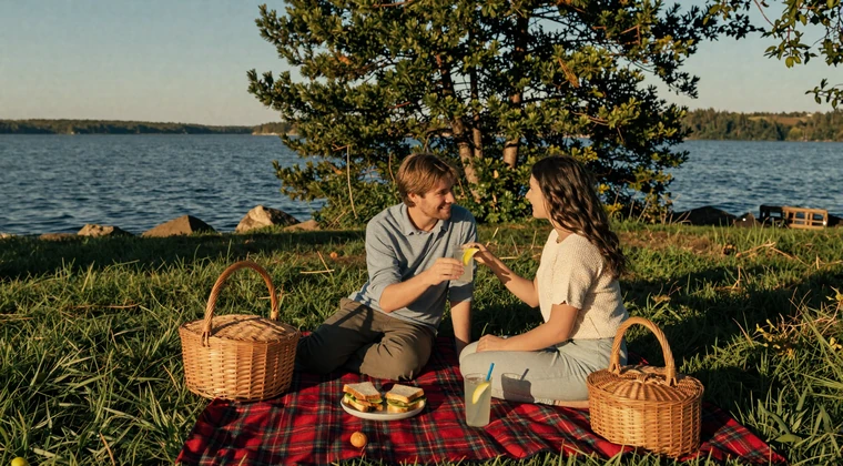 Couple enjoying a lakeside picnic on a red plaid blanket with a calm Minnesota lake and pine trees in the background