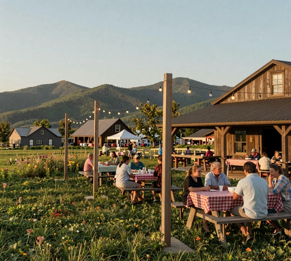 Rustic West Virginia community gathering with string lights near mountain farmstead at golden hour - Appalachian dating culture