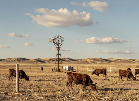 Angus cattle grazing on rolling Nebraska Sandhills grassland with windmill and big open sky - farm dating Nebraska