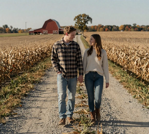 Couple walking along a country path through Ohio autumn farmland - ohio farm dating romance