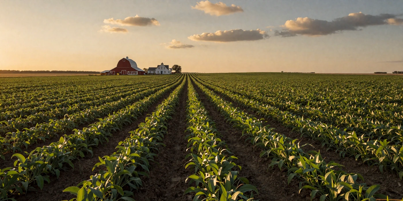 Peaceful golden hour farmland with lush green crops stretching to the horizon - Muslim farmers dating