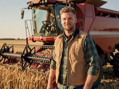 Erik, 33-year-old Minnesota grain farmer smiling next to combine harvester in golden wheat field - minnesota farmers dating