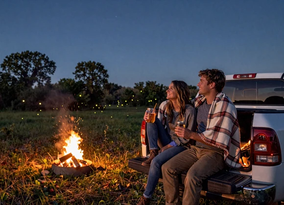 Country couple sharing a bonfire under the stars from a pickup truck tailgate - country date ideas