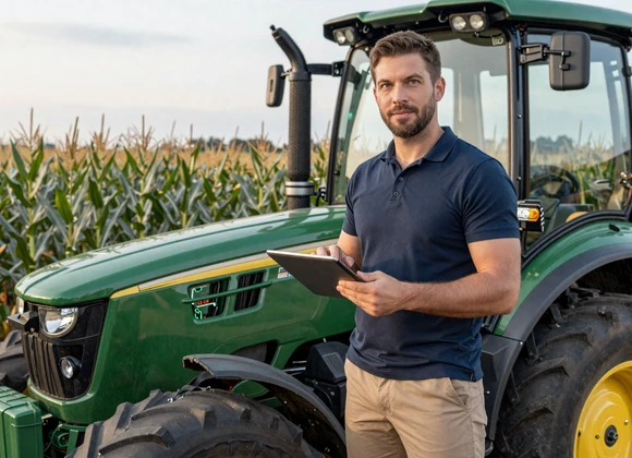 Agribusiness professional checking field data on tablet next to GPS-equipped tractor - commercial farming lifestyle